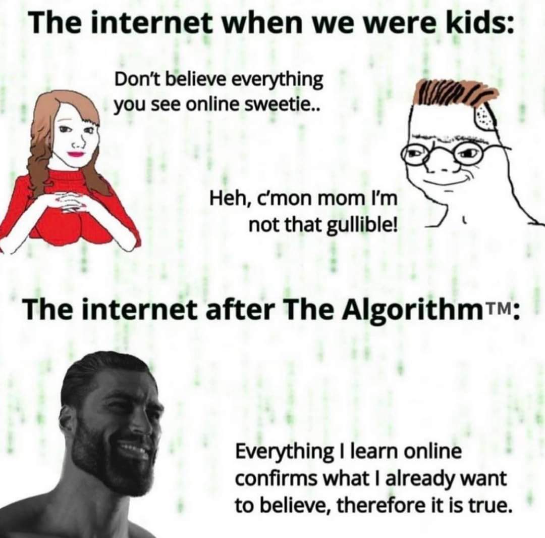 The internet when we were kids:
Don't bel ieve everythi ng
you see online sweetie
S Heh, mon mom I'm
not that gullible!
The internet after The Algorithm
Everything | learn online
confirms what | already want
to believe, therefore it is true