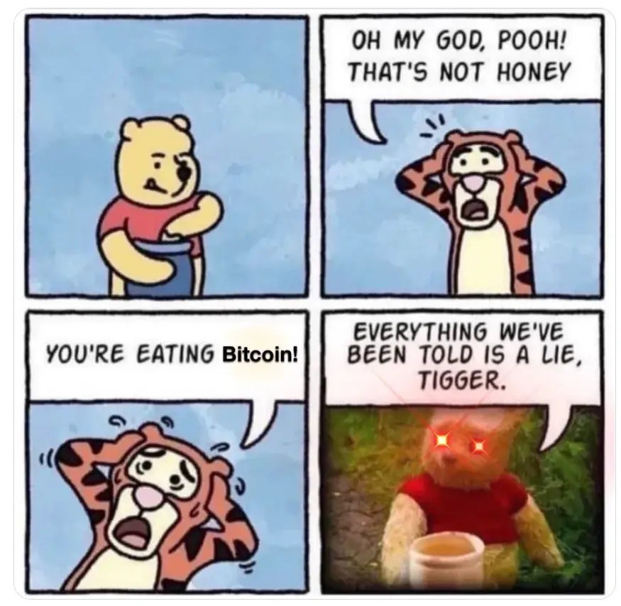 OH MY GOD, POOH!
THAT'S NOT HONEY
A EVERYTHING WE'VE
YOU'RE EATING Bitcoin! BEEN TOLD IS A LIE,
TI GGER.