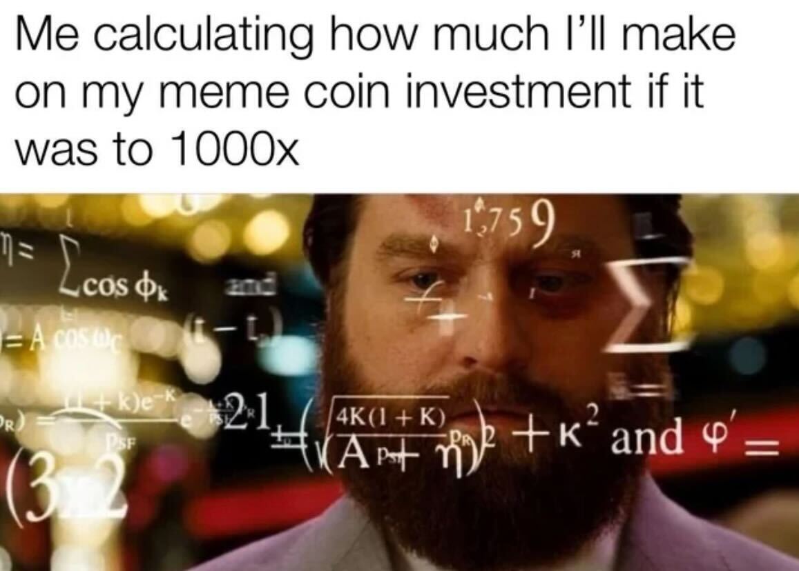 Me calculating how much I'll make
on my meme coin investment if it
was to 1 000x
m , 1 75) 1
I cosd, \p
]VAN E >