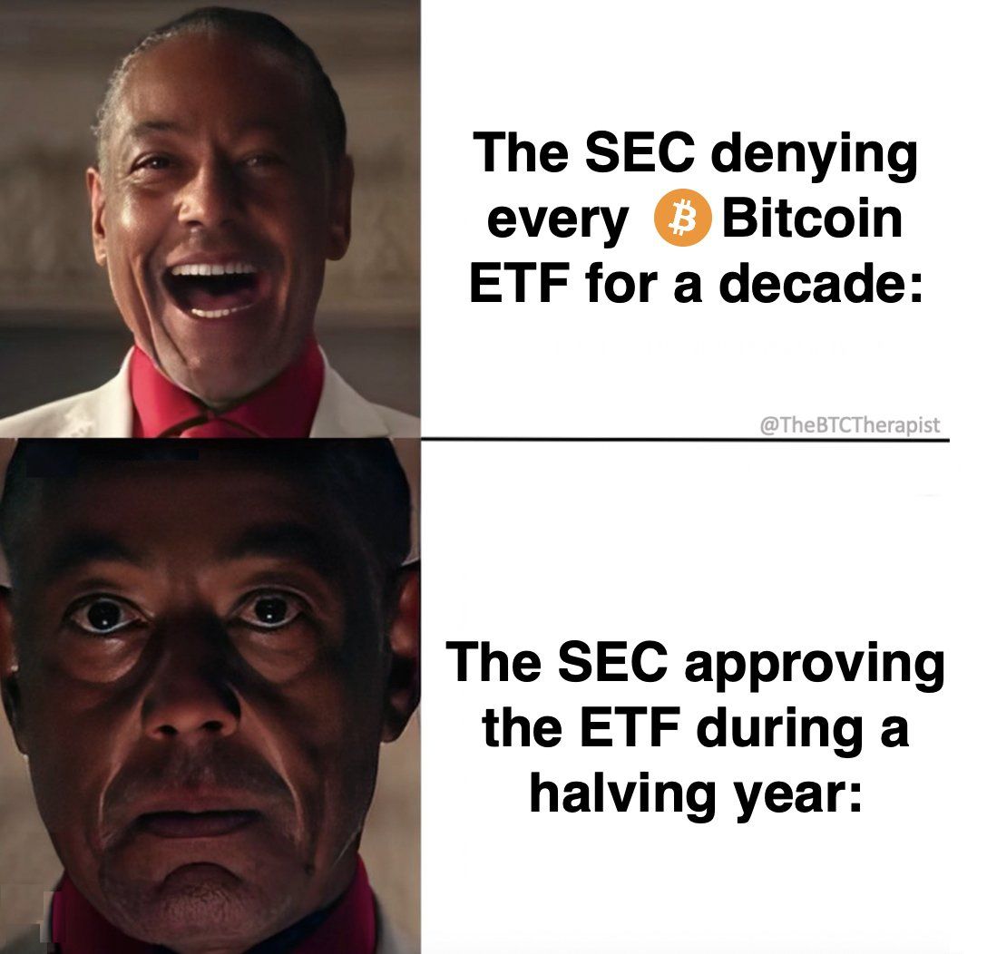 The SEC denying
everyBitcoin
ETF for a decade:
@TheBTCTherapist
The SEC approving
the ETF during a
halving year: