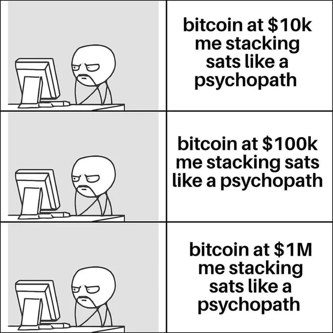 bitcoin at $10k
me stacking
= o) sats |li ke asychopatpsycho p
bitcoin at $100k
me stacking sats
ll o) like a psychopath
bitcoin at $1M
me stacking
sats like a
= psychopat