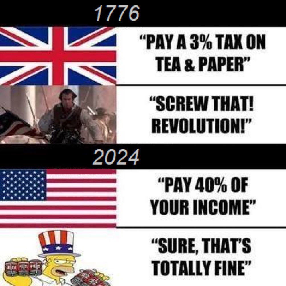 1 776
“PAY A3% TAXON
~ TEAR PAPER
“SCREW THAT!
N E REVOLUTIONA , ]
“PAY 40% OF
YOUR INCOME’
“SURE, THAT'S
OTALLY FIN