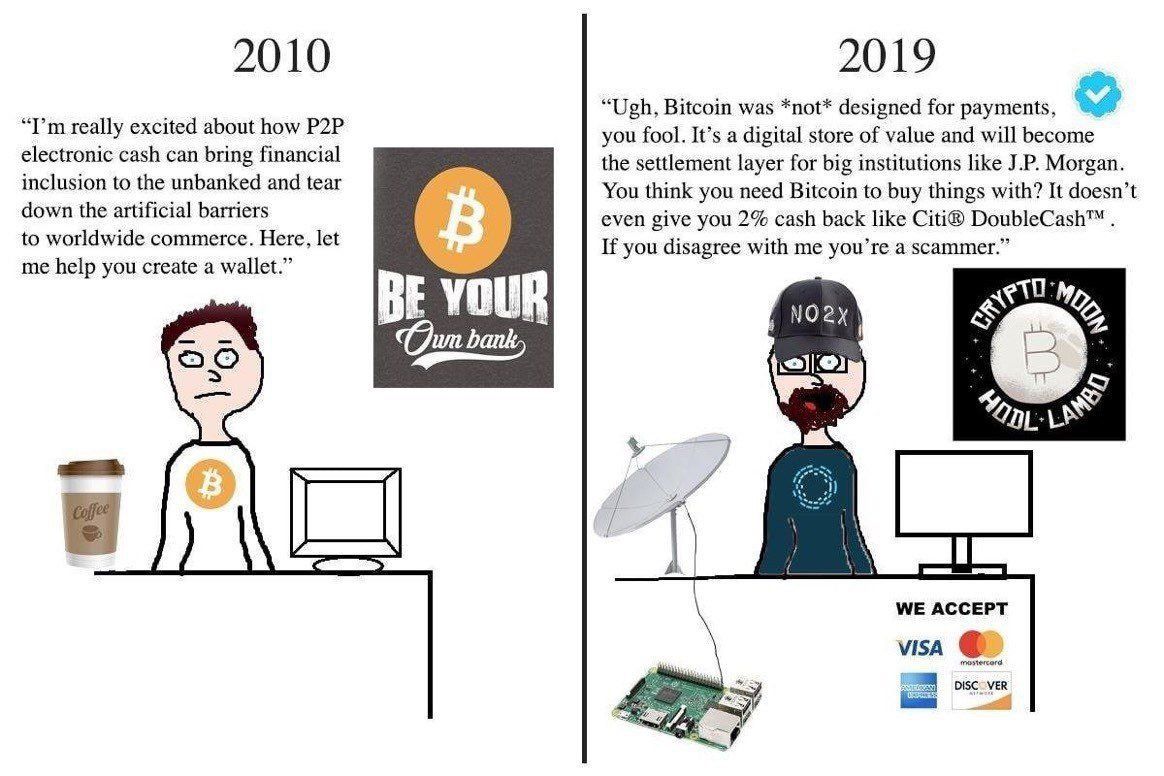 “U gh. Bitcoin was *not* designed for pay ments
m rea
lly xc e about how 2P you fool . It’s a digital store of v alue and w ill become
lectronic cash can bring financial the settlement layer for big institutions like J.P. Morgan.
inclusion to the unbanked and tear You think you need Bitcoin to buy things with? It doesn't
down the artificial barriers even give you 2% cash back like Citi® DoubleCash™ .
to Wor id om rc Here, If you disagree w ith me you're a scammer.”
me help you create a wallet.”
0BE YOUR 2 & 2Gu bank,
T WE ACCEPT
visa €