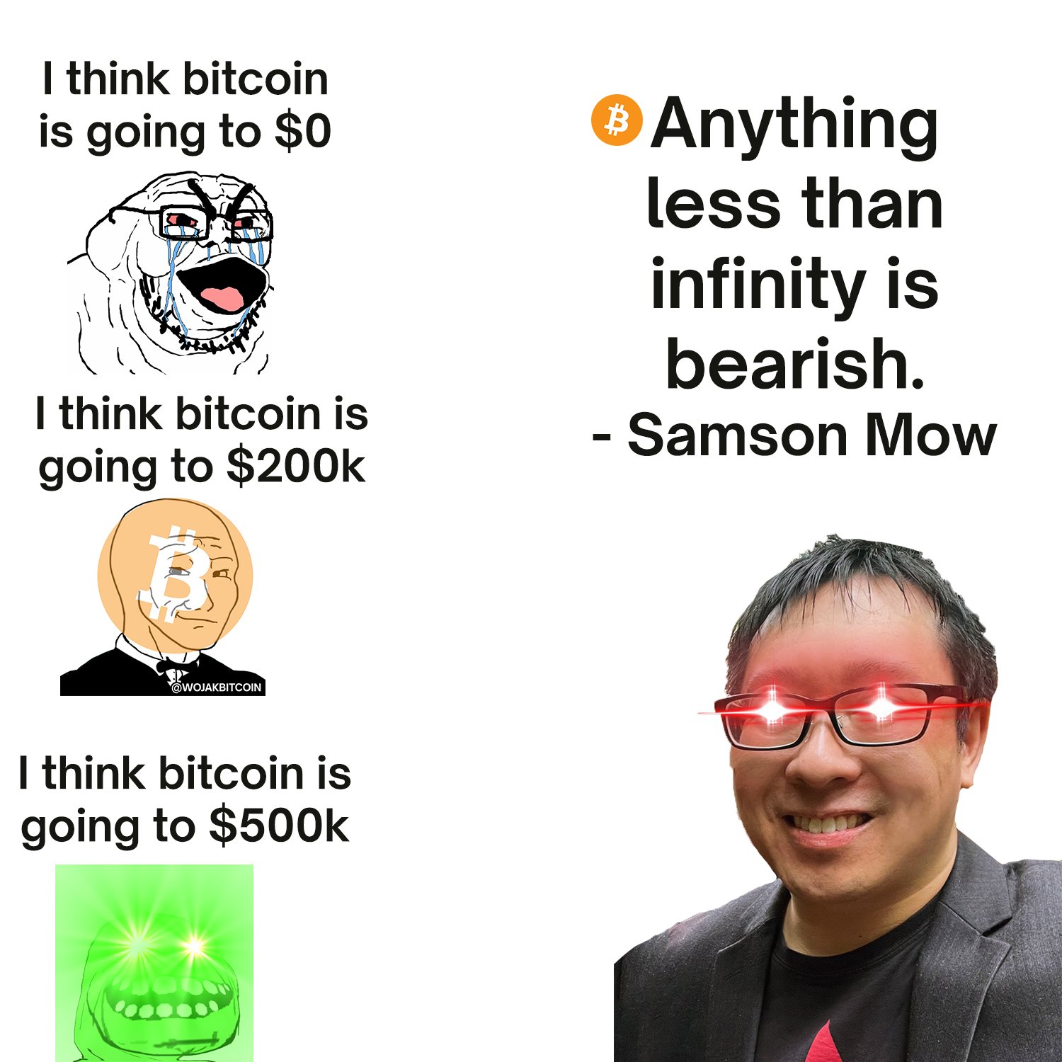 | think bitcoin
is going to $0 Anything
less than
infinity is
:b ear i sh.
i nk bitcoi n is _
going to $200 Samson Mow
| think bitcoin is
going to $500k