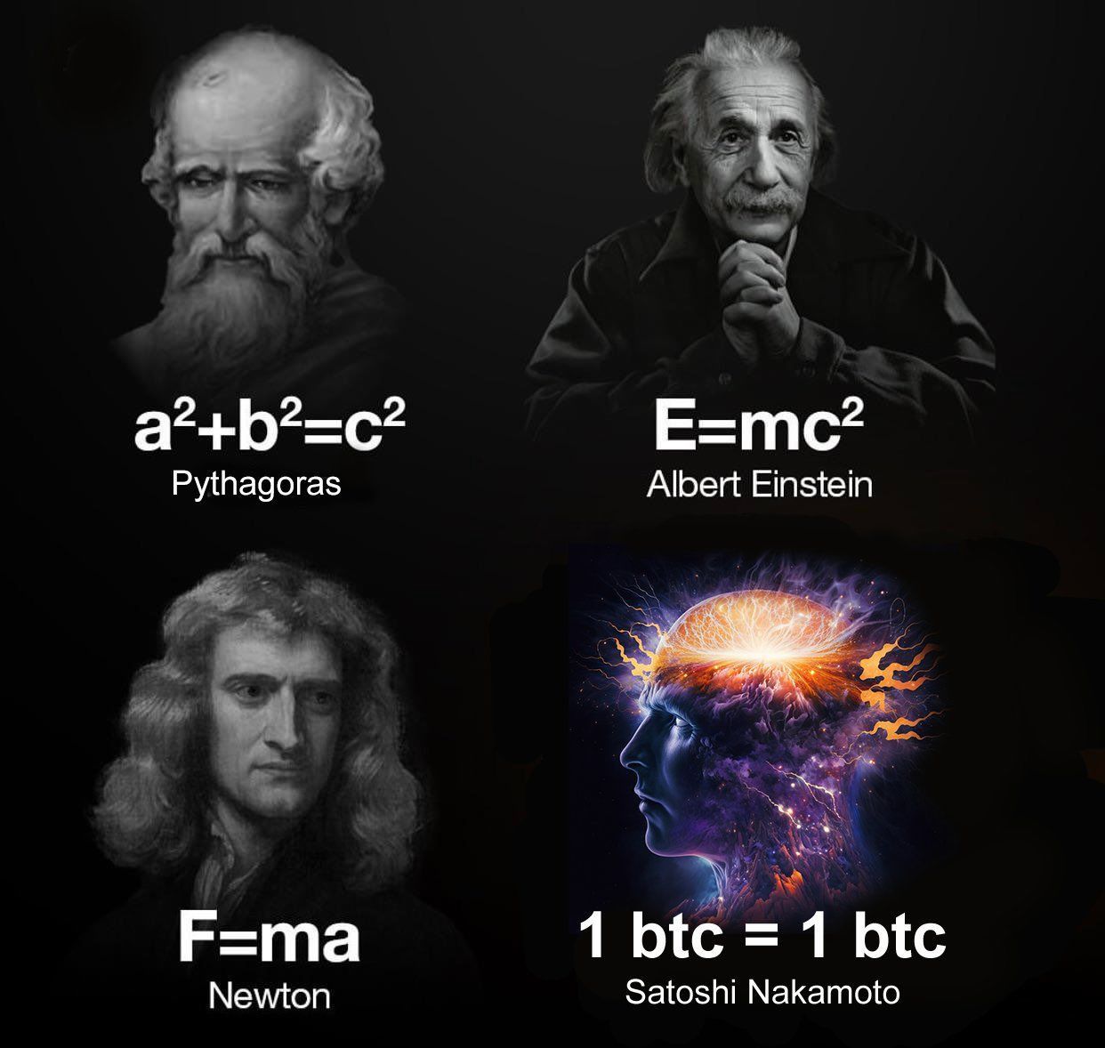 fa +b =c? E=m
Pythagoras Albert Einstein
RF=ma 1 btc = 1 btc
Newton Satoshi Nakamot
