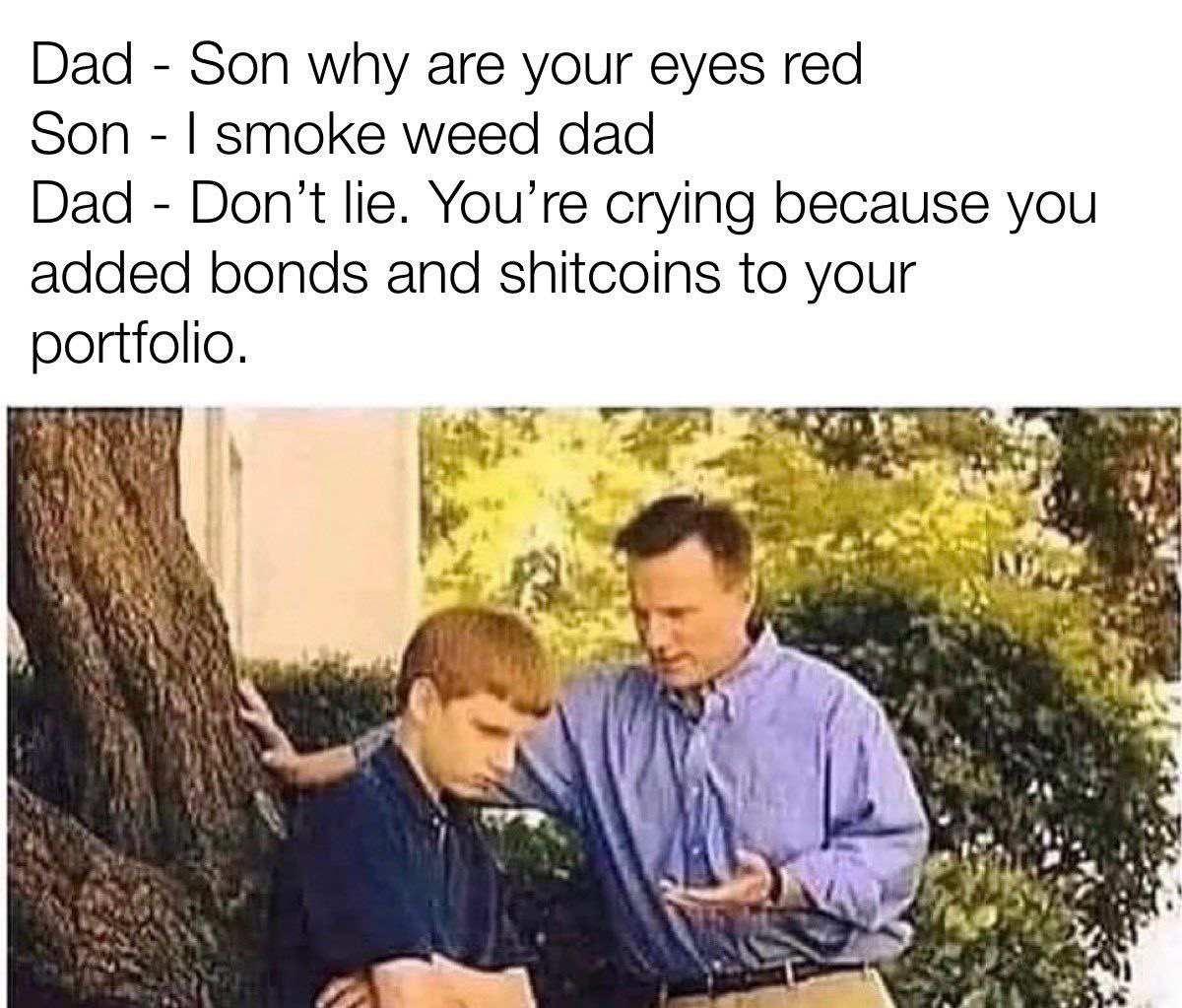 Dad - Son why are your eyes red
Son - | smoke weed dad
Dad - Don't lie. You're crying because you
added bonds and shitcoins to your
p ortfo l i o .
fa l o
Aw lo WA - {= \ { 7
E N ue