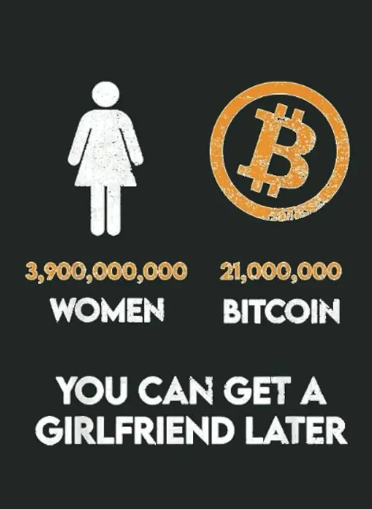 B
3,900,000,000 21,000,000
WOMEN BITCOIN
YOU CAN GET A
GIRLFRIEND LATER
