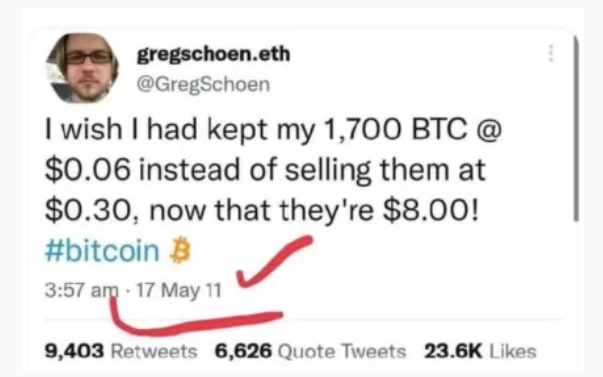 gregschoen.eth
@GregSchoen
I wish I had kept my 1,700 BTC @
$0.06 instead of selling them at
$0.30, now that they're $8.00!
#bitcoin #
3:57 am - 17 May 11
9,403 Retweets 6,626 Quote Tweets 23.6K Likes