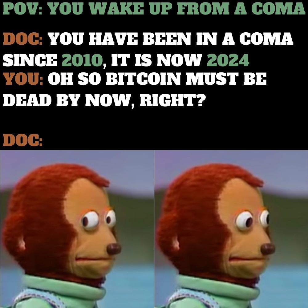 POV: YOU WAKE UP FROM A COMA
YOU HAVE BEEN IN A COMA
SINCE 2010, IT IS NOW 2024
OH SO BITCOIN MUST BE
DEAD BY NOW, RIGHT?